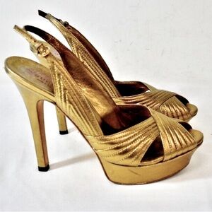 Gucci Gold Quilted Slingback Heels 37 1/2 Couture Italian